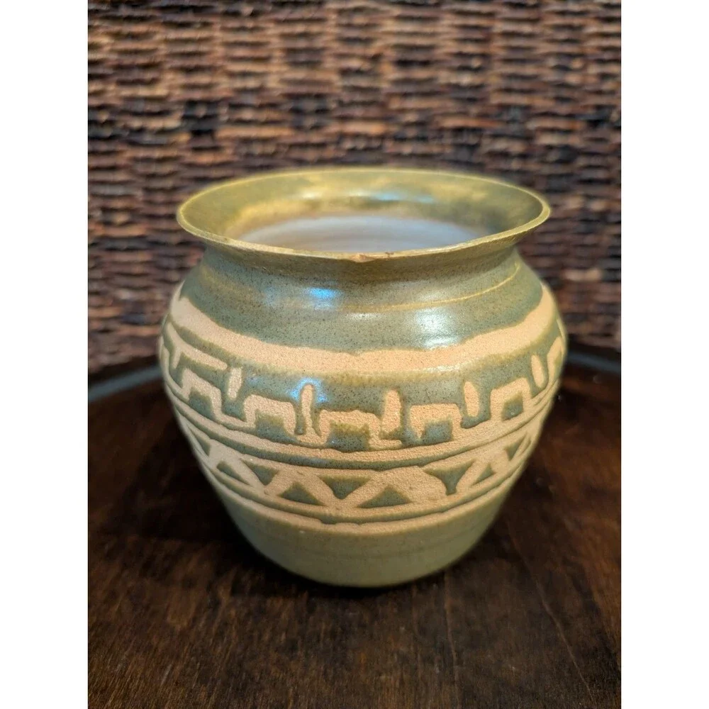 Art Pottery Vase Artist Signed Glaze over Clay Green Aztec Boho Southwestern